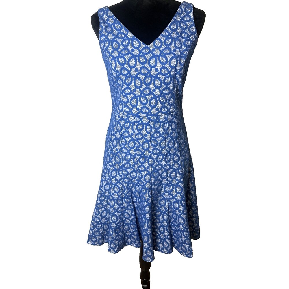 Nine West Women's Size 4 Blue White Lace Fit & Flare V-Neck Dress